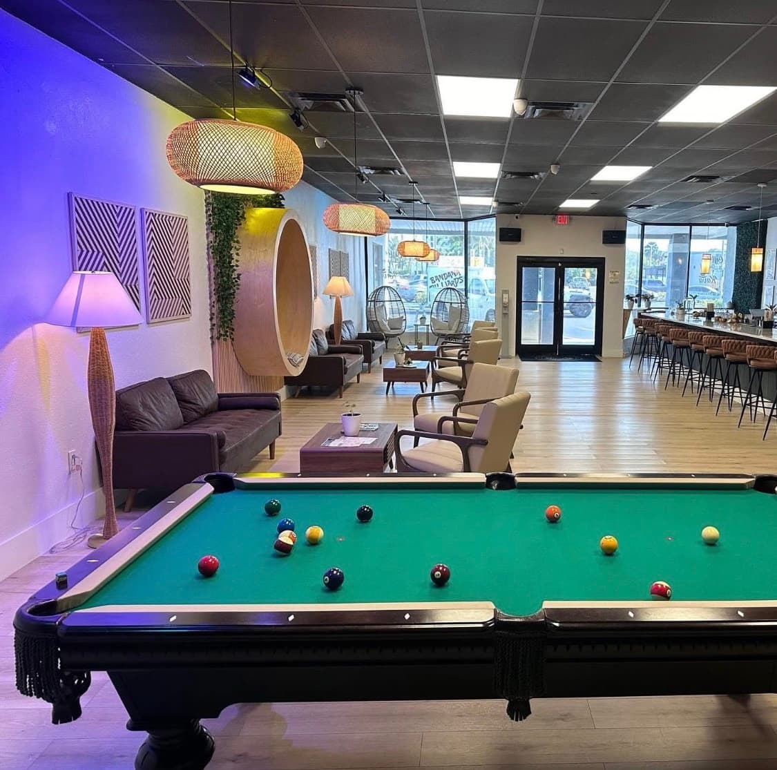 Lounge seating and pool table